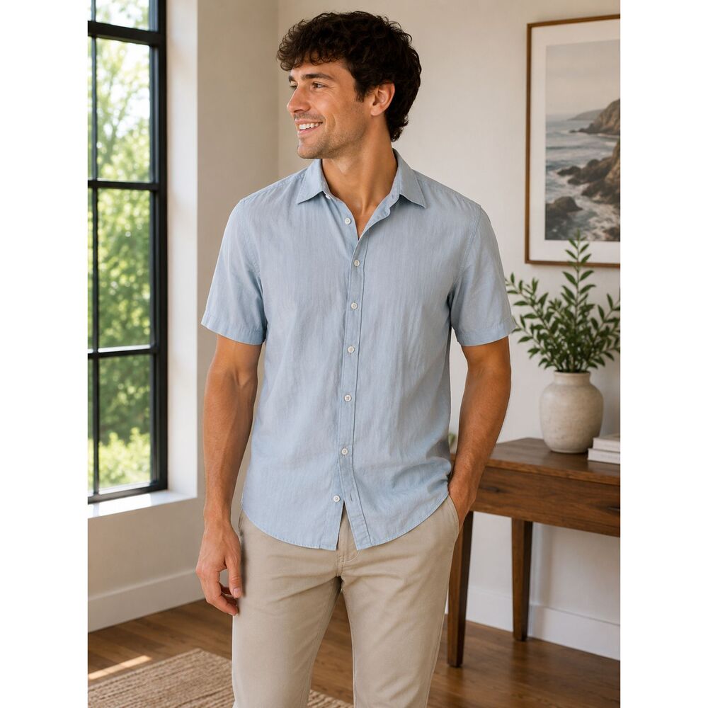Lululemon Short Sleeve Blue Button Front Shirt Cotton Blend Men's Medium